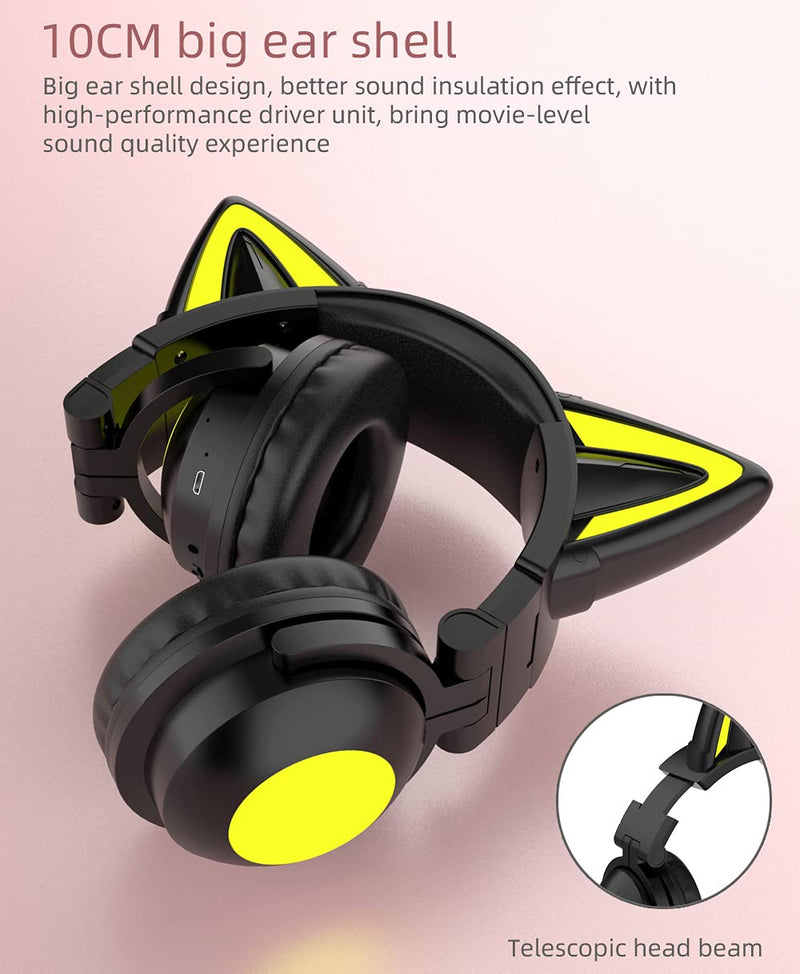 kuayang Wireless Cat Ear Headphones (7 Color Changing) with & 3.5mm Jack, Gaming Pro, Bluetooth&Wired Connection (Orange) Orange