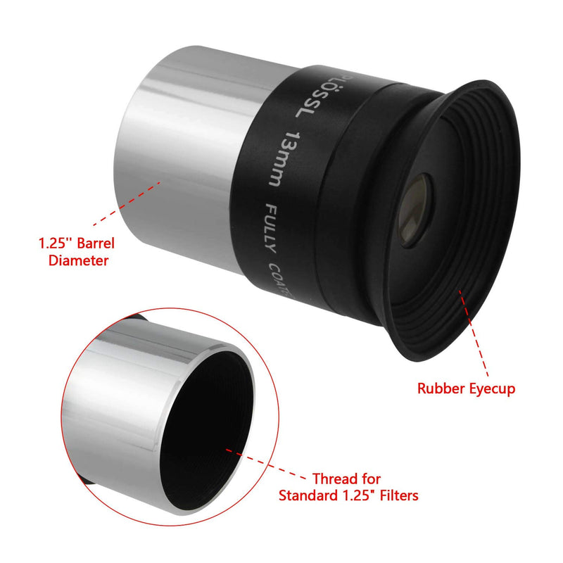 Astromania 1.25" 13mm Plossl Telescope Eyepiece - 4-Element Plossl Design - Threaded for Standard 1.25inch Astronomy Filters