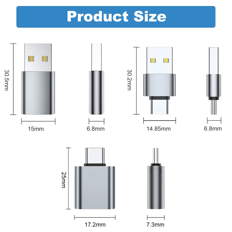 AreMe USB C Adapter (6 Pack), USB A Male to USB C Male, USB 3.0 Male to USB C Female, USB Type-C Male to USB 3.0 Female Converter Connector (Grey) Grey