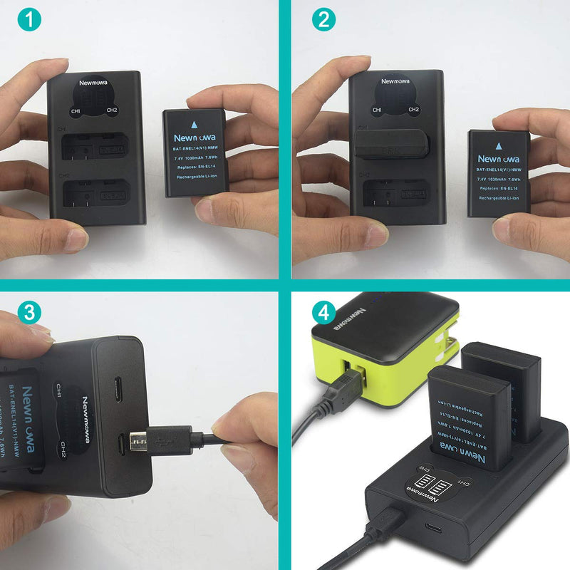 Newmowa EN-EL14 EN-EL14A Replacement Battery (2-Pack) and Smart Dual Charger LCD Display for Nikon EN-EL14 EN-EL14a and Nikon P7000 P7100 P7700 P7800 D3100 D3200 D3300 D3500 D5100 D5200 D5300 D5500