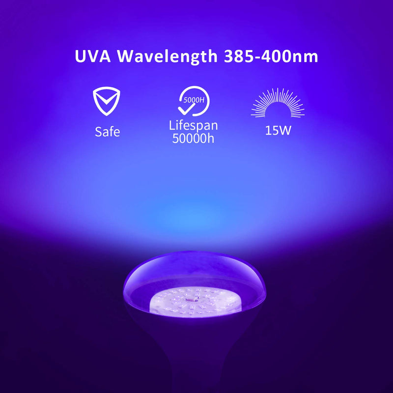 Sunmerit 15W UV LED Black Light Bulb, BR30, UVA 385-400nm, Ultraviolet Fluorescent Lamp for Body Paints Neon Glow Posters, E26 Lighting Glow in The Dark Blacklight Party