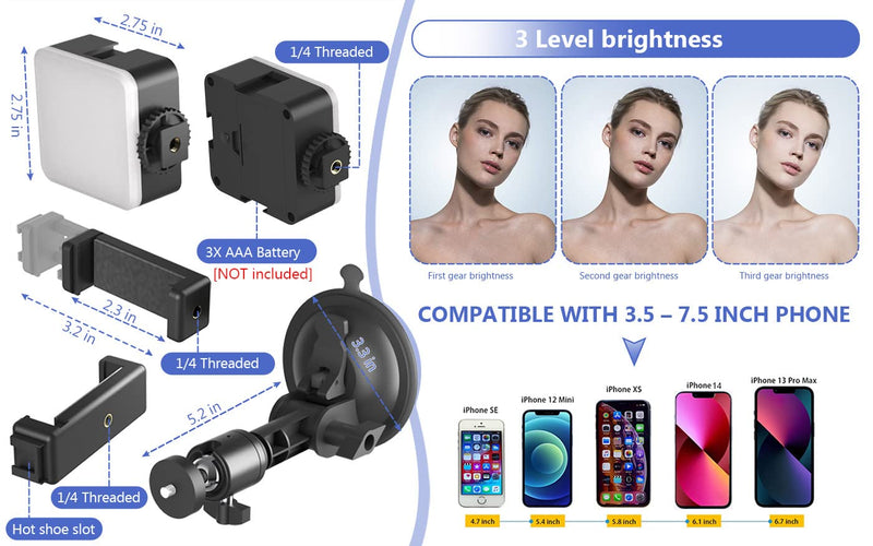 LenTok Suction Cup Mirror Phone Holder with Light, Travel Wall Phone Camera Mount for Makeup Content Creator Essentials, Mirror Tripod for Bathroom Kitchen Compatile with All Smooth Surface
