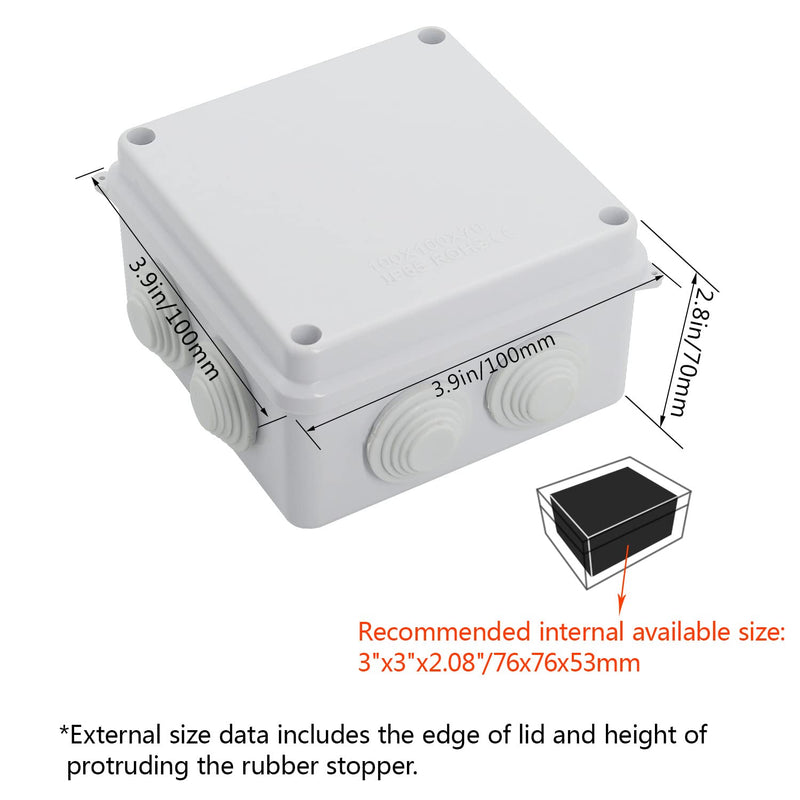 LeMotech ABS Plastic Dustproof Waterproof IP65 Junction Box Universal Electrical Project Enclosure White 3.9 x 3.9 x 2.8 inch (100 x 100 x 70 mm) 3.9" x 3.9" x 2.8"