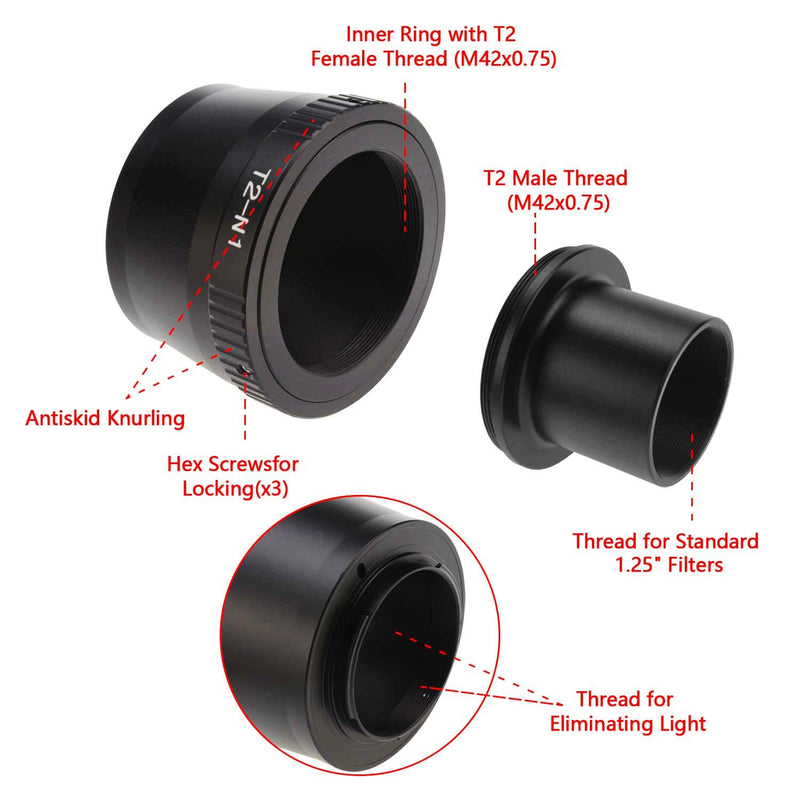 Astromania T2 N1 T Mount Lens Adapter and M42 to 1.25" Telescope Adapter (T-Mount) for Nikon 1 Series Camera V1 V2 V3 J1 J2 J3 J4 J5 Ring Set for Nikon 1