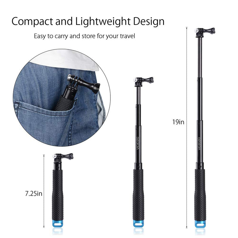Vicdozia 19'' Extension Selfie Stick, Portable Hand Grip Waterproof Handheld Monopod Adjustable Pole Compatible with GoPro Hero(2018) Hero 10 9 8 7 6 5 4 3 AKASO SJCAM DJI OSMO and More Sports Cameras 19'' Stick(Blue)