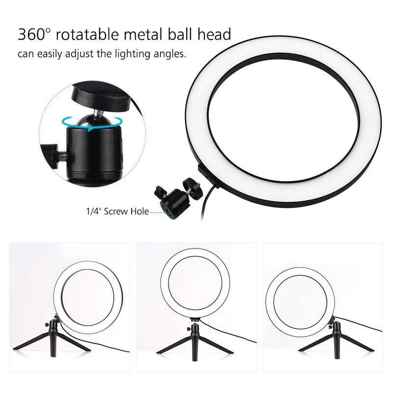 Andoer 10 inch LED Selfie Ring Light with Tripod Stand Phone Holder Remote Control 3200K-5500K Dimmable Table Camera Light Lamp 3 Light Modes 10 Brightness Level for YouTube Video Photo Studio Live