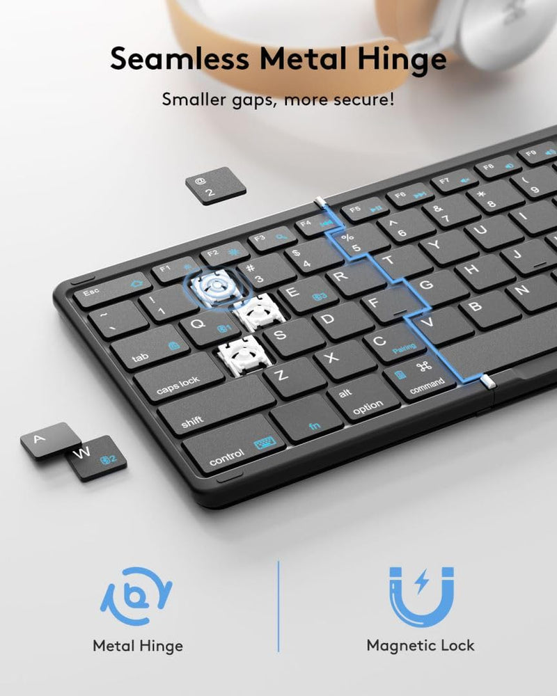 [AUSTRALIA] - Samsers Foldable Bluetooth Keyboard with Touchpad, Full-Size Wireless Folding Keyboard with PU Leather, Portable Travel Keyboard for iOS Android Windows Mac OS, Support 3 Devices (BT5.1 x 3), Black Refined Black 