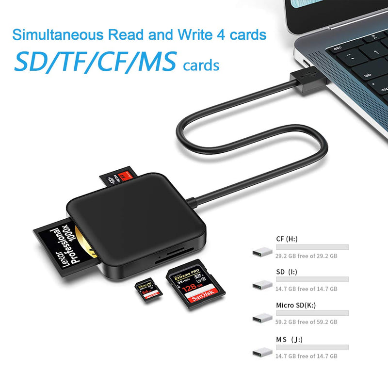 SD Card Reader, 4 in 1 Portable Card Reader USB 3.0 for CF/MS/SD/SDXC/SDHC/Micro SD/Micro SDHC/ UHS-I Camera Memory Card Adapter(5Gbps), USB SD Card Reader for Computer/Mac, with 13in USB Cable