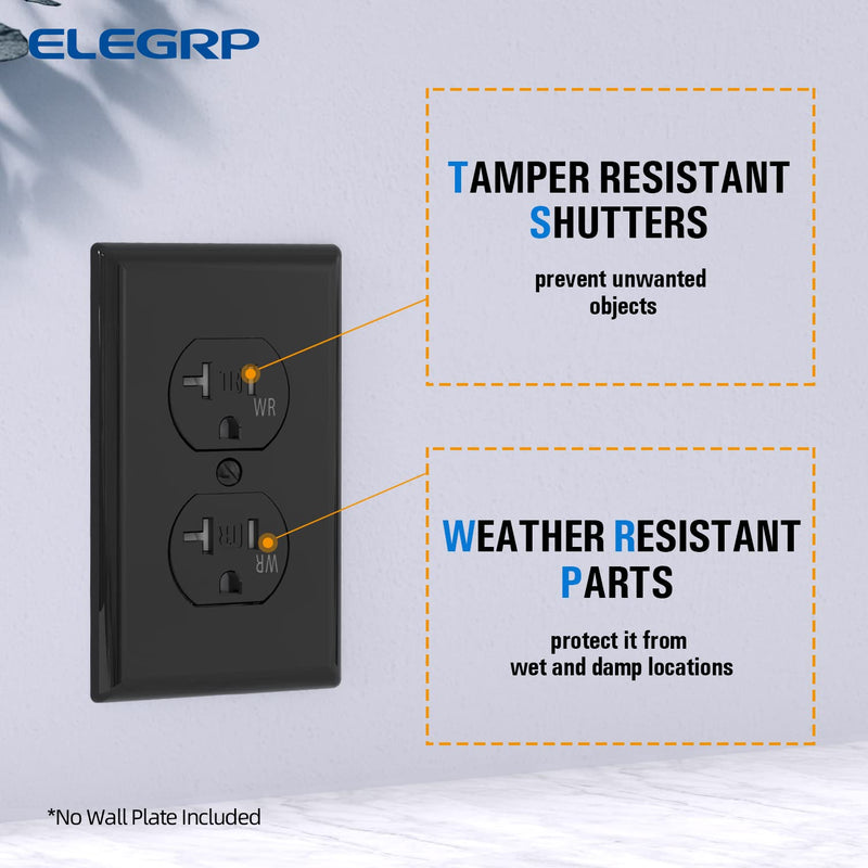 ELEGRP 20 Amp 125V Duplex Receptacle, Standard Electrical Wall Outlet, TR Tamper Resistant and WR Weather Resistant, 2 Pole 3 Wire, Self-Grounding, Residential Grade, UL Listed, Glossy Black, 10 Pack Tamper/Weather Resistant