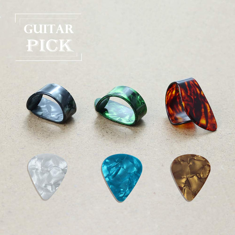 MotBach Guitar Accessories with 12 Pcs Plastic Thumb Finger Picks (6 Colors),6 Pcs Guitar Picks(0.46/0.71/0.96mm),15 Grid Case Storage Box and 1 Guitar Pick Clip,Provide Wide Options and Protection