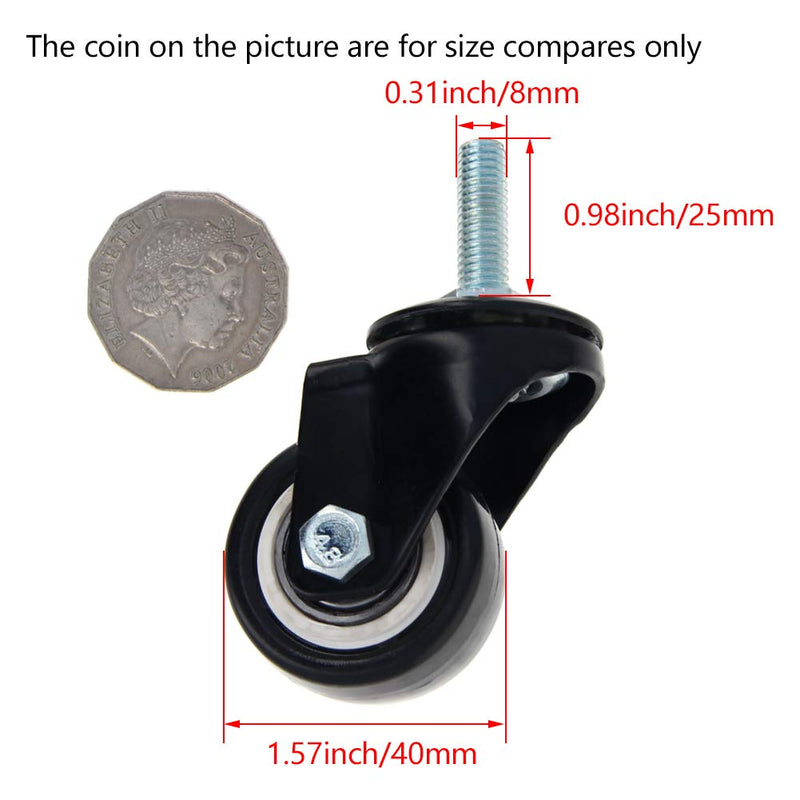 1.5 Inch Swivel Caster Wheels PU 360 Degree Threaded Stem Caster Wheel, M8 x 25mm, 77lb Capacity Each Wheel Black Tone 4pcs, (Bettomshin)