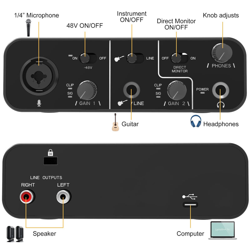 USB Audio Interface for Recording Music, XLR interface with 48V Phantom Power, TRS balanced with Headphone Amplifier, AudioBox Mic Preamps 48v 2 Channel for PC/Win/Mac Streaming and Podcasting