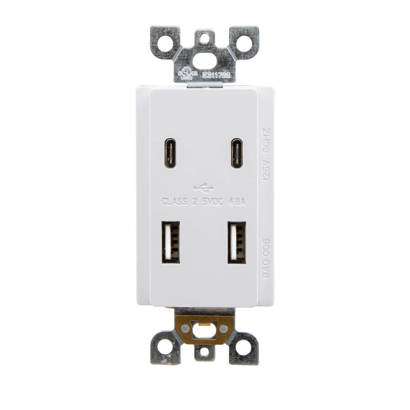 Maxxima USB Receptacle Outlet, 4.8A USB C/A High Speed 4 USB Wall Outlet, Vertical USB Charger Ports, Outlet Wall Plate Included White