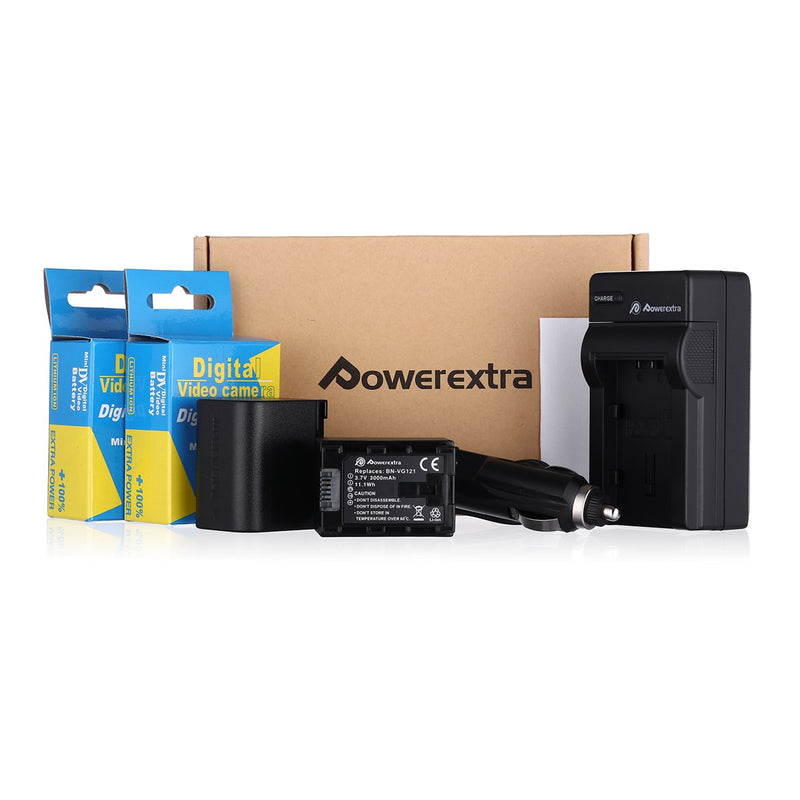 Powerextra 2 Pack Battery and Charger for JVC BN-VG121, BN-VG121U, BN-VG121US, BN-VG138, BN-VG138U, BN-VG138US, BN-VG107, BN-VG107U, BN-VG107US, BN-VG114, BN-VG114U, BN-VG114US, JVC Everio GZ-E Series