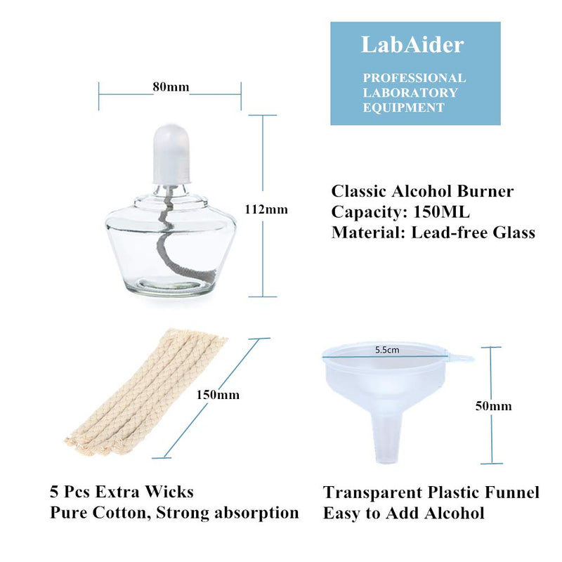 [AUSTRALIA] - Classic Style Alcohol Burner Lamp Glass Bunsen Burners Lab Equipment Heating 150ml with 5 Free Replacement 6inch Wicks and Funnel 