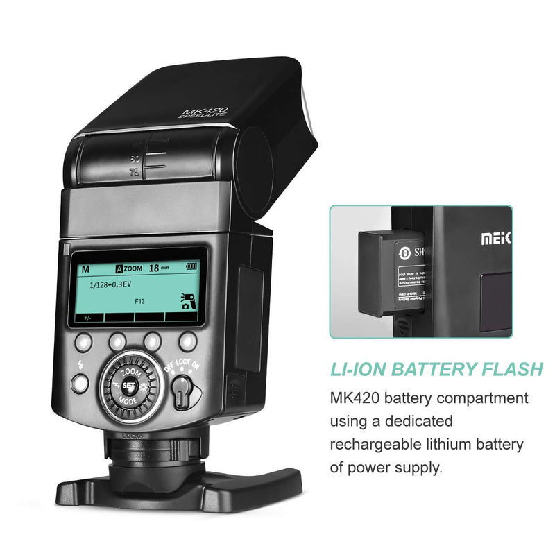 Meike MK420N TTL Li-ion Battery Camera Flash Speedlite with LCD Display Compatible with Nikon D850 D810 D3400 D3300 Z6 Z7 and Other DSLR Cameras + Lithium Battery +Diffuser+Battery Charger