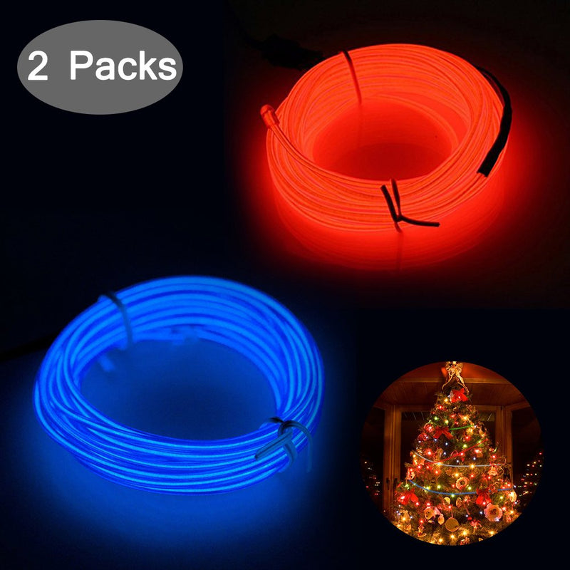 [AUSTRALIA] - 2 Pack El Wire Kit，YuCool Two Color 10ft Neon Glowing Strobing Electroluminescent Light for Halloween Christmas Party Decoration Home Improvement - Red, Blue 