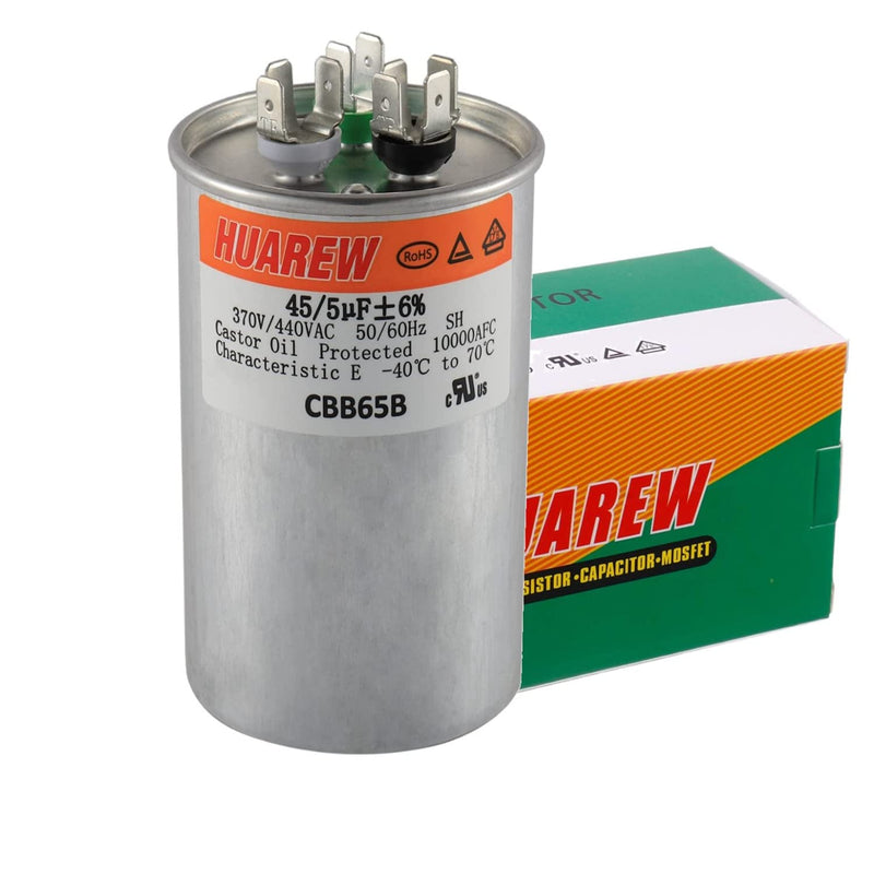 HUAREW 45+5 uF ±6% 45/5 MFD 370/440 VAC CBB65 Dual Run Start Round Capacitor for Condenser Straight Cool or Heat Pump Air Conditioner or AC Motor and Fan Starting