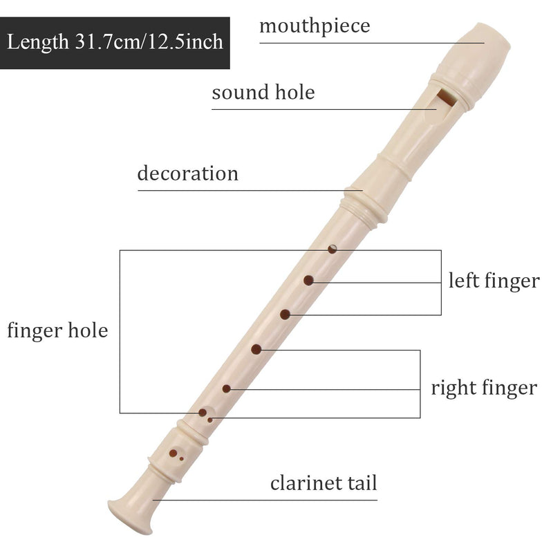 4 Pack 8 Hole Plastic Soprano Descant Recorder With Cleaning Rod and instruction, German Style (Ivory White)