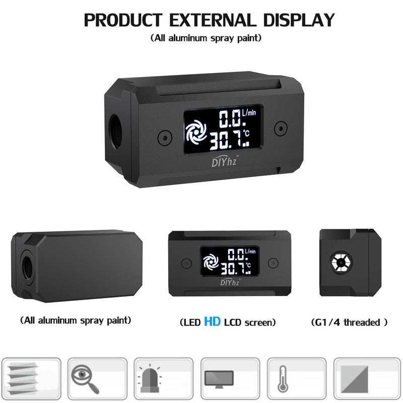 DIYhz G1/4 Aluminum Alloy Shell LCD displaydigital Display Flow Thermometer Temperature Indicator CPU Temperature Monitor Black