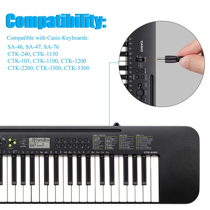 SoulBay 9.5V AC/DC Adapter for Casio Piano Keyboard ADE95100L SA-46 SA-47 SA-76, 6.5Ft DC 9.5Volt Power Cord Replacement