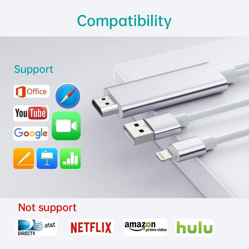 Lightning to HDMI Cable Adapter Compatible for iPhone iPad to TV, 5.9ft Apple MFi Certified Lightning Digital AV Adapter 1080p HDTV Connector Cable for iPhone iPad iPod to TV Projector Monitor, Silver