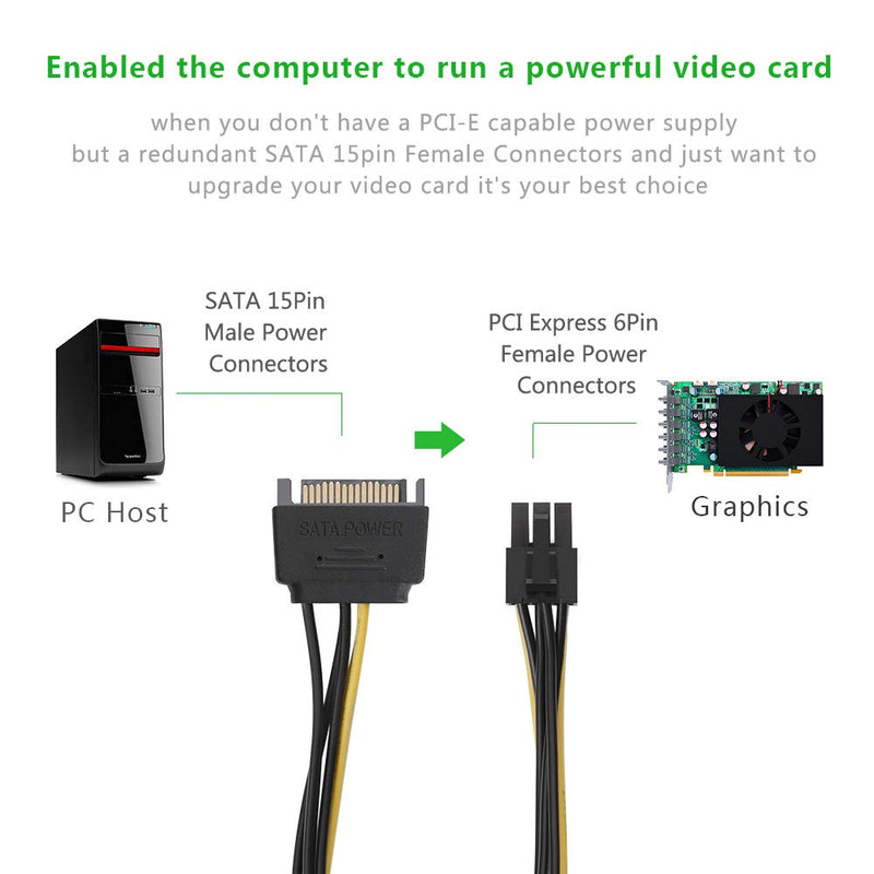 UGREEN Sata Power Cable Sata15 Pin to 6 Pin PCI Express Graphics Video Card Power Cable Adapter 8 Inch