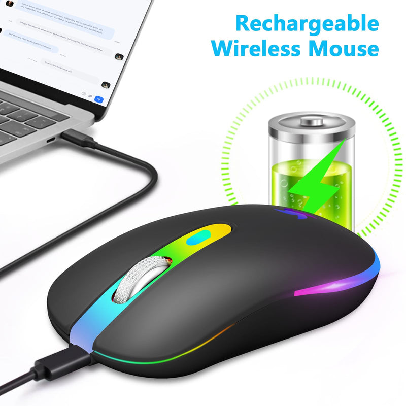 [AUSTRALIA] - HZD LED Wireless Mouse, Slim Silent Rechargeable Mouse, 2.4G Portable USB Optical Mouse with Type C Adapter, 3 Adjustable DPI Levels 1600/1200/800 Computer Mouse for Laptop,PC,MacBook,Notebook Black 