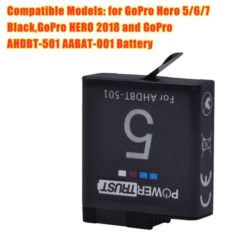 PowerTrust 3X AHDBT-501 Battery for GoPro HERO5 Black,Hero 6,HERO6 Black,Hero 5,HERO7 Black,Hero 2018 + LCD Dual USB Charger with USB Cable