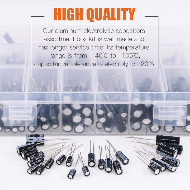 Rustark 240Pcs 24 Values 10V 16V 25V 50V Metal Electrolytic Capacitors Assorted Assortment Box Kit,Range 0.1UF-1000UF Capacitors for Air Conditioning, LED Lights, Audio, Induction Cooker