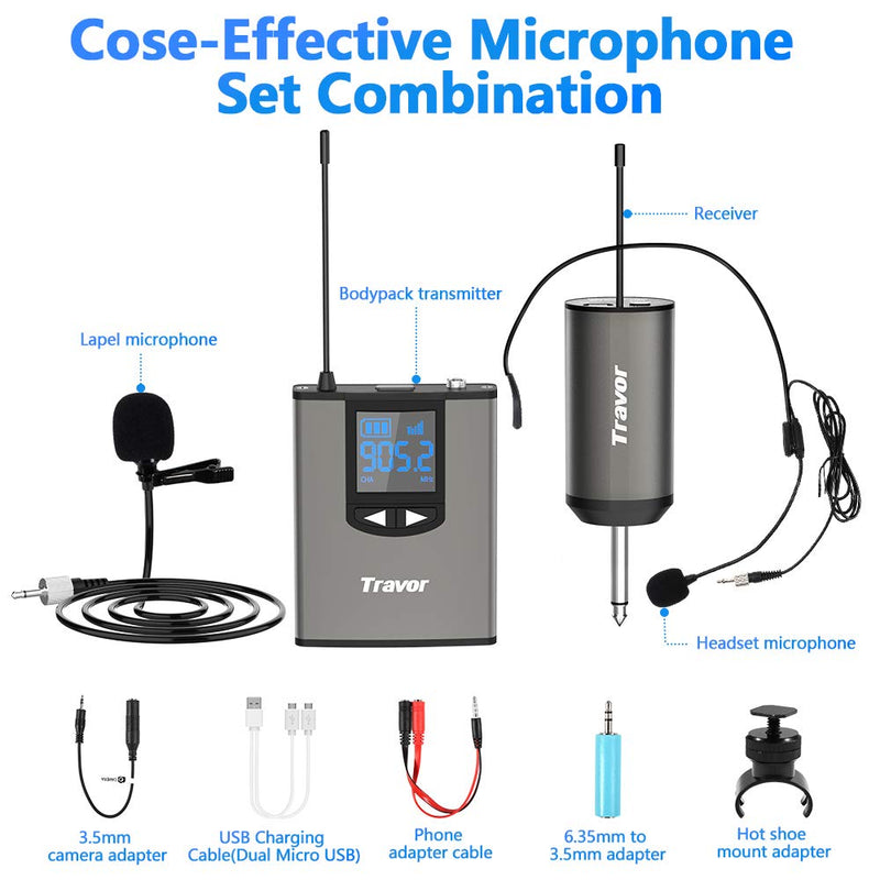 [AUSTRALIA] - Travor Wireless Microphone System Headset/Lavalier Lapel Mic 164ft Range with Rechargeable Bodypack Transmitter & Receiver 1/4" Output for Live Performances, Support Phone 