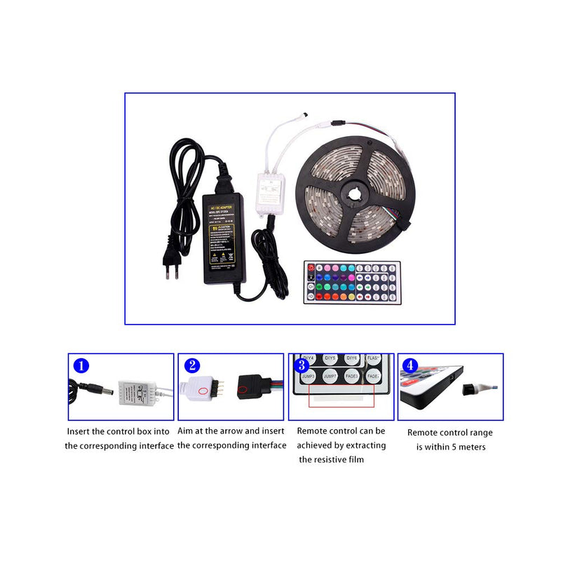 [AUSTRALIA] - LED Strip Light Waterproof 300leds 16.4ft 5m Bedlight Flexible Color Changing RGB SMD 2835 LED Strip Light Kit with 44 Keys IR Remote Controller and 12V 2A Power Supply (RGB) Rgb (Red, Green, Blue) 