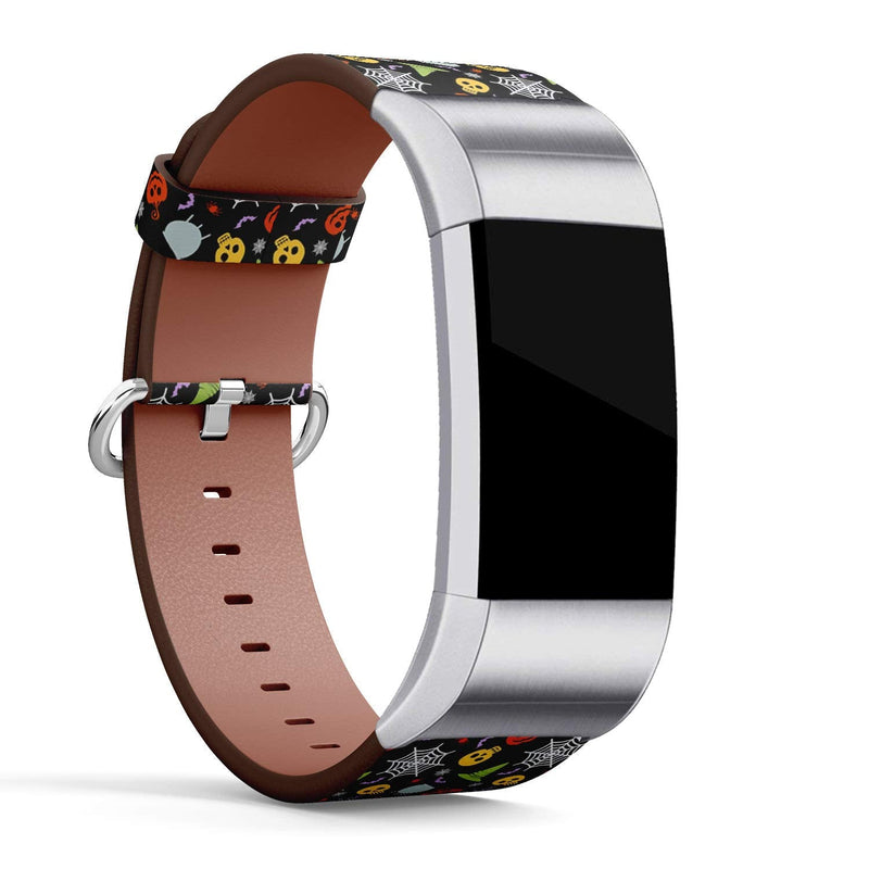 Compatible with Fitbit Charge 2 - Leather Watch Wrist Band Strap Bracelet with Stainless Steel Clasp and Adapters (Halloween Color Icons)