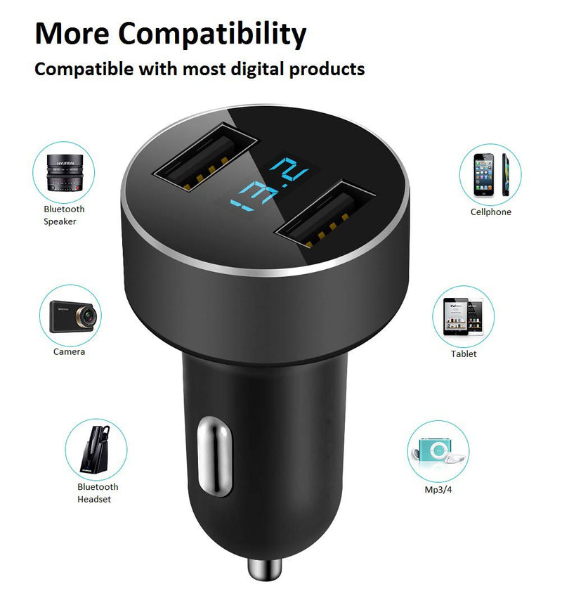 Dual USB Car Charger,Cigarette Lighter Voltage Meter,Compatible with Apple iPhone,iPad,Samsung Galaxy,LG,Google Nexus,Other USB Charging Devices, Black