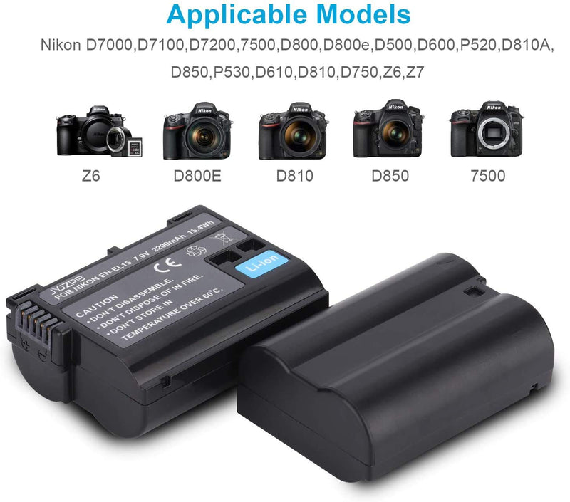 JYJZPB EN-EL15 EL15a EL15b Replacement Batteries (2 Pack 2200mAh) and LCD Dual Battery Charger for Nikon Camera D750, Z6, Z7,D500, D600, D610, D800, D810, D810a, D850, D7100