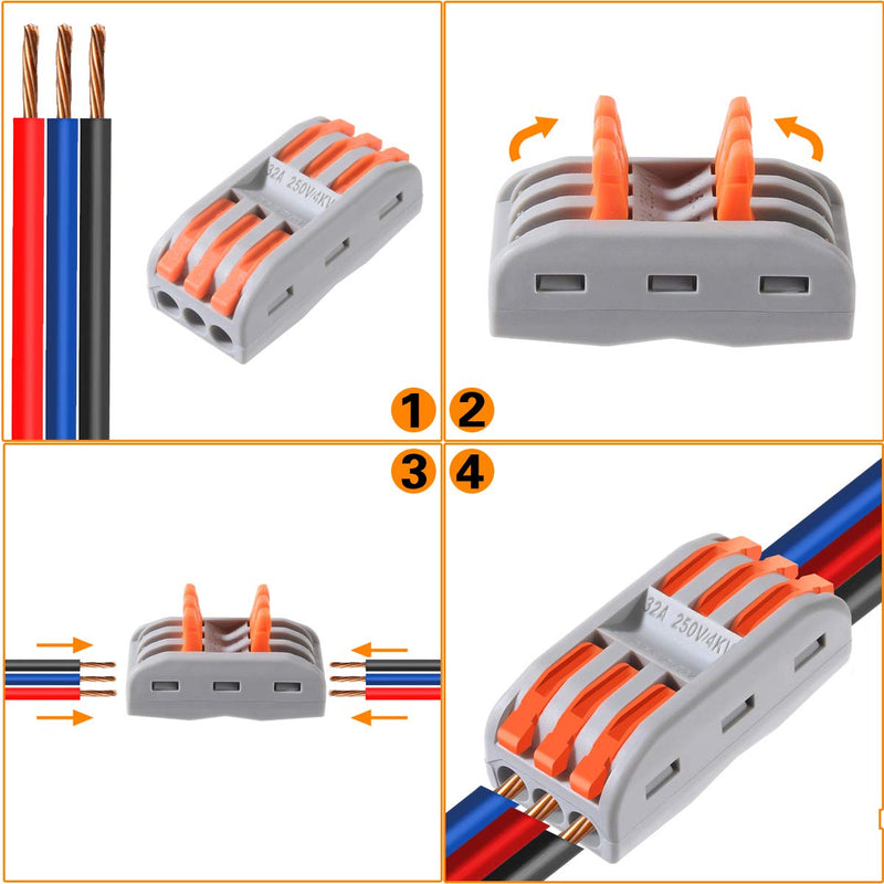 XHF Conductor Compact Connectors Lever Wire Nut with Fixed Base, Electrical Connectors Wire Terminals for 2 Circuit Inline Splices 28-12 AWG (SPL-3, 50PCS) 50 Piece spl-3