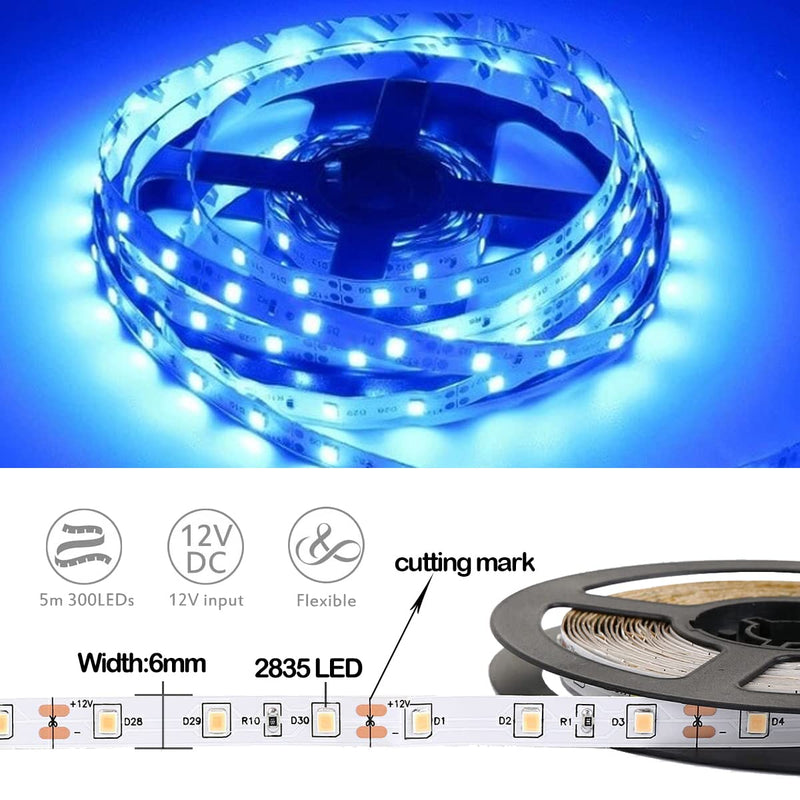 [AUSTRALIA] - Blue LED Strip Light 16ft/5m SMD 2835 300 LEDs 12V Flexible Cuttable LED Tape (No 12V Power Plug/Adapter) Blue 