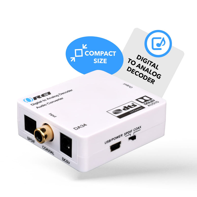 Digital to Analog Audio Decoder by OREI, Convert Decode Dolby Digital Audio SPDIF/Coaxial 5.1-Channel Input to RCA L/R/3.5mm Headphone Output Converter - DA34