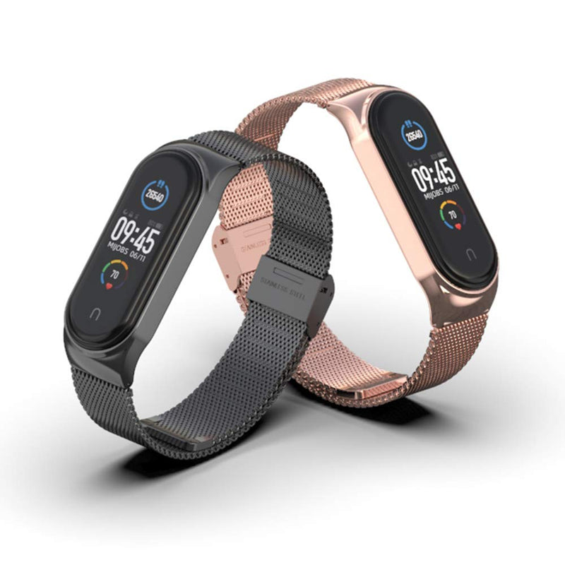 1 Mi Band 5 Strap Metal + 2 Mi Band 5 Screen Protector, 16mm Replacement Band Strap for Xiaomi Mi Band 5 Global Version Smart Bracelet (Rose Gold)