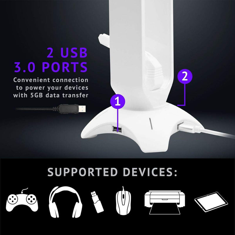 Tilted Nation RGB Gaming Headset Stand - 3 in 1 Design with Mouse Bungee and 2 Port USB 3.0 Hub - The Ultimate Gaming Accessory - Dynamic RGB Headphone Stand with USB Charger - White