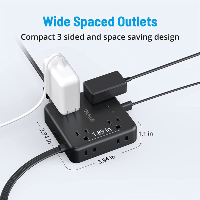 Surge Protector Power Strip 10 ft Cord - Flat Plug Extension Cord, TROND 8 Widely-Spaced Outlets, 4 USB Charger(1 USB C Port), Ultra Thin Flat, 1440J, Flat Wall Plug, Desk Charging for Travel, Black