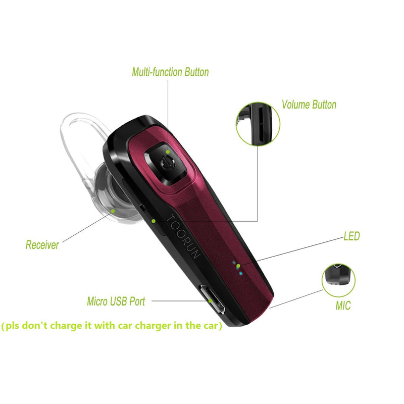 TOORUN M26 Bluetooth Headset with Noise Cancelling Compatible with Smart Phones LG G7 Samsung Note9 S9 iPhone Xs MAS Moto Z3 P30 Google pixel3 ZTE Axon-Red