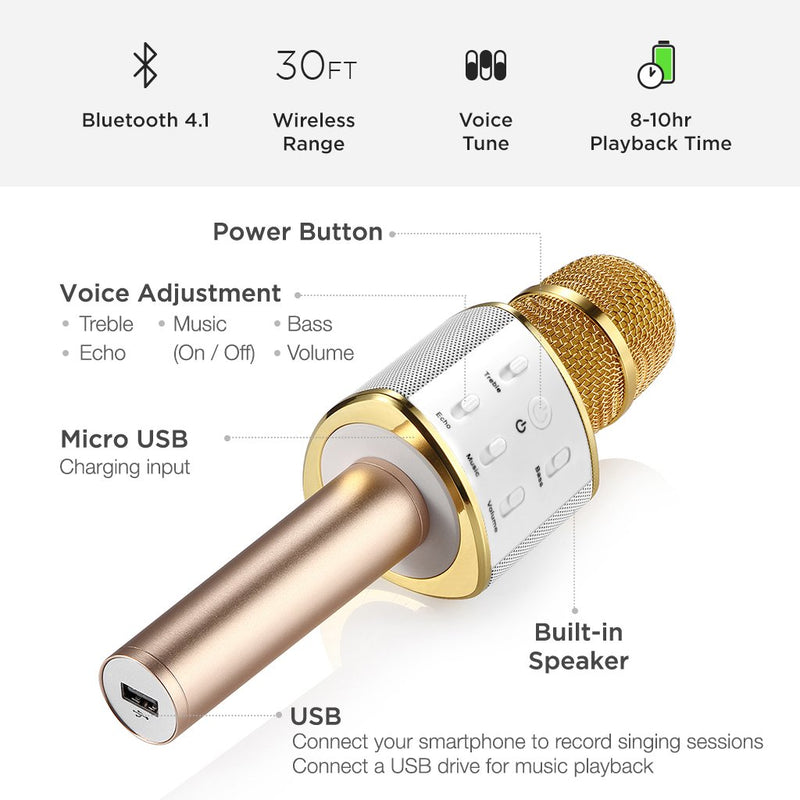 Raycon Supreme Mic M30 Karaoke Microphone Bluetooth 4.1 with Built In Speaker Compatible with Android iPhone and PC - Gold