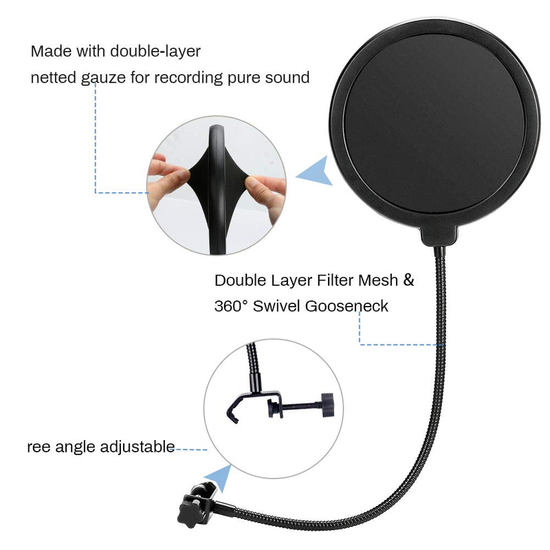 Yideng Microphone Pop Filter and Foam Mic Cover, Swivel Double Layer Sound Shield Guard 360° Gooseneck Mic Pop Filter Windscreen for Blue Yeti or Any Other Microphone, Black