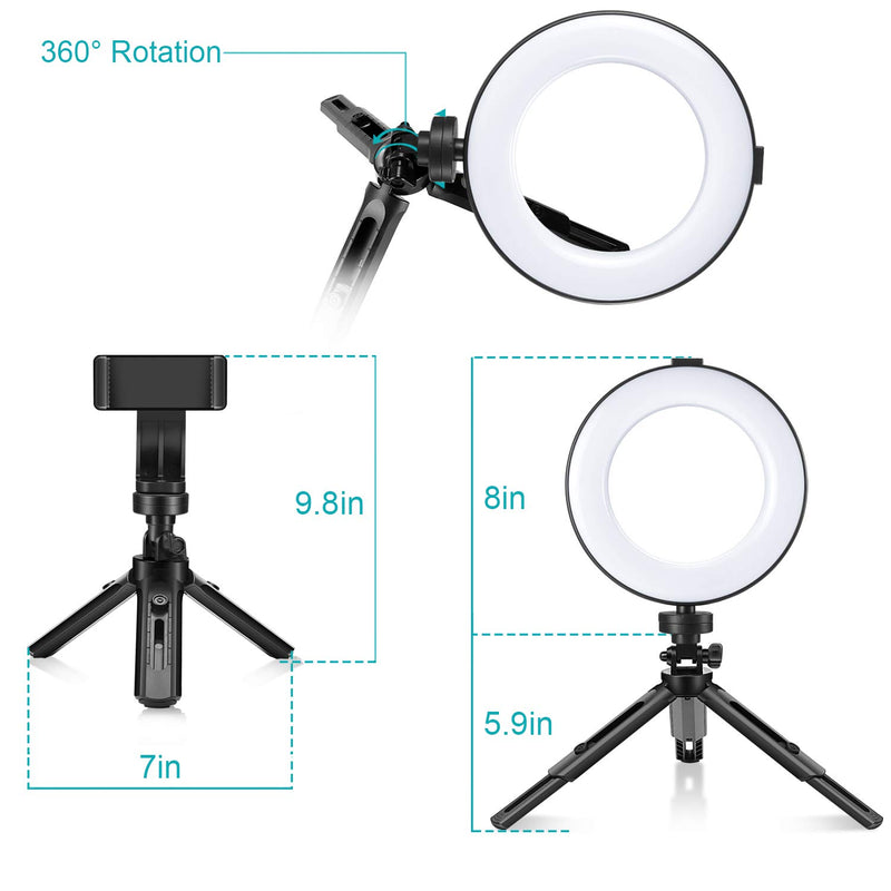 LED Ring Light 6'' with Stand Tripod for Makeup, Live Streaming & YouTube Video, Table LED Camera Light with Cell Phone Holder, Mini Dimmable Lamp with 3 Light Modes & 11 Brightness Level (6 inch)