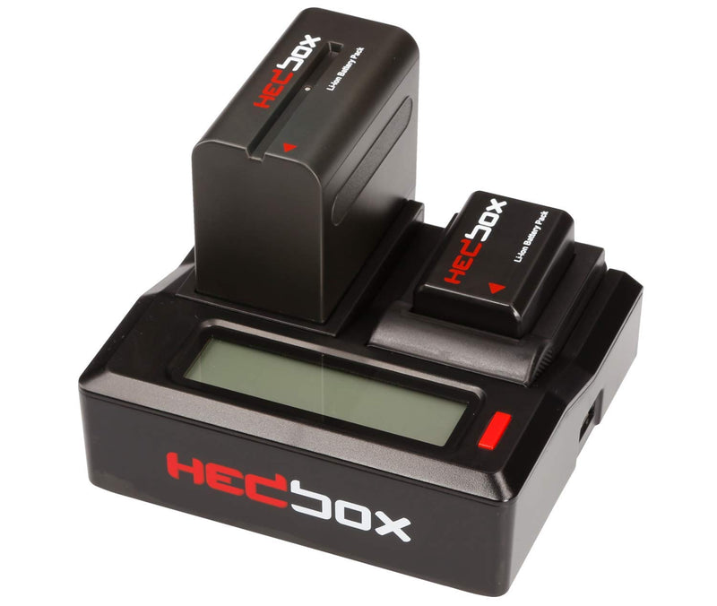 HEDBOX RP-DC50/DFM50 - Dual LCD Battery Charger for Sony NP-F550, NP-F770, NP-F970, and Hedbox RP-NPF550, RP-NPF770, RP-NPF970, RP-NPF1000 (NP-F970)