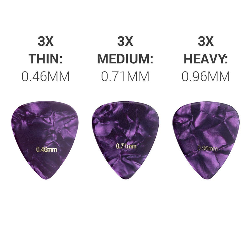 kwmobile Set of 9 Guitar Picks - Includes Thin, Medium, Heavy Gauges for Acoustic, Electric or Bass Guitar, Ukulele - Dark Red/Dark Green/Purple Dark red + Dark green + Violet