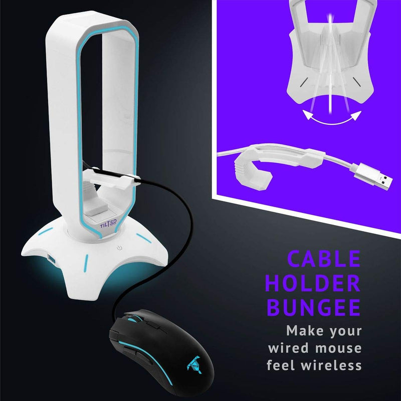 Tilted Nation RGB Gaming Headset Stand - 3 in 1 Design with Mouse Bungee and 2 Port USB 3.0 Hub - The Ultimate Gaming Accessory - Dynamic RGB Headphone Stand with USB Charger - White