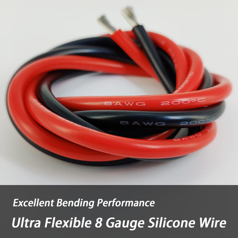 Shonsin 8 Gauge Silicone Wire 10ft Black & 10ft Red, Ultra Flexible 8 AWG Welding Cable 1650 * 0.08mm Stranded Tinned Copper 600V 200℃ - RC, Battery, Car, Inverter 8AWG 10FT&10FT Red & Black