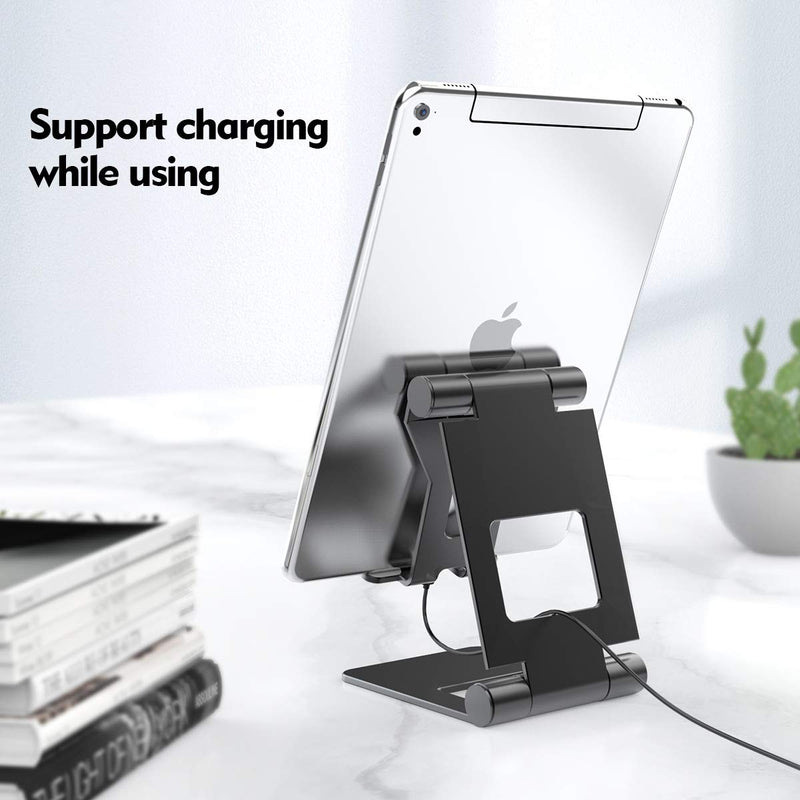 Xuyoz Cell Phone/Tablet Stand, Phone Holder for Desk, Metal iPhone Stand Non-Slip Phone Stand Compatible with iPhone, All Mobile Phones, Switch, iPad,Tablet [Angle Adjustable, Foldable] (4-10.5in) Black